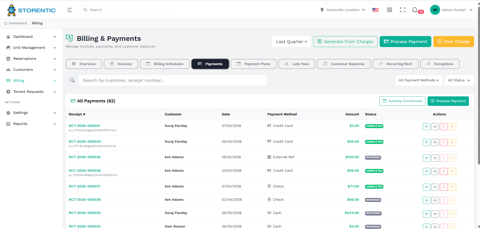 Storentic Portal billing and payments interface