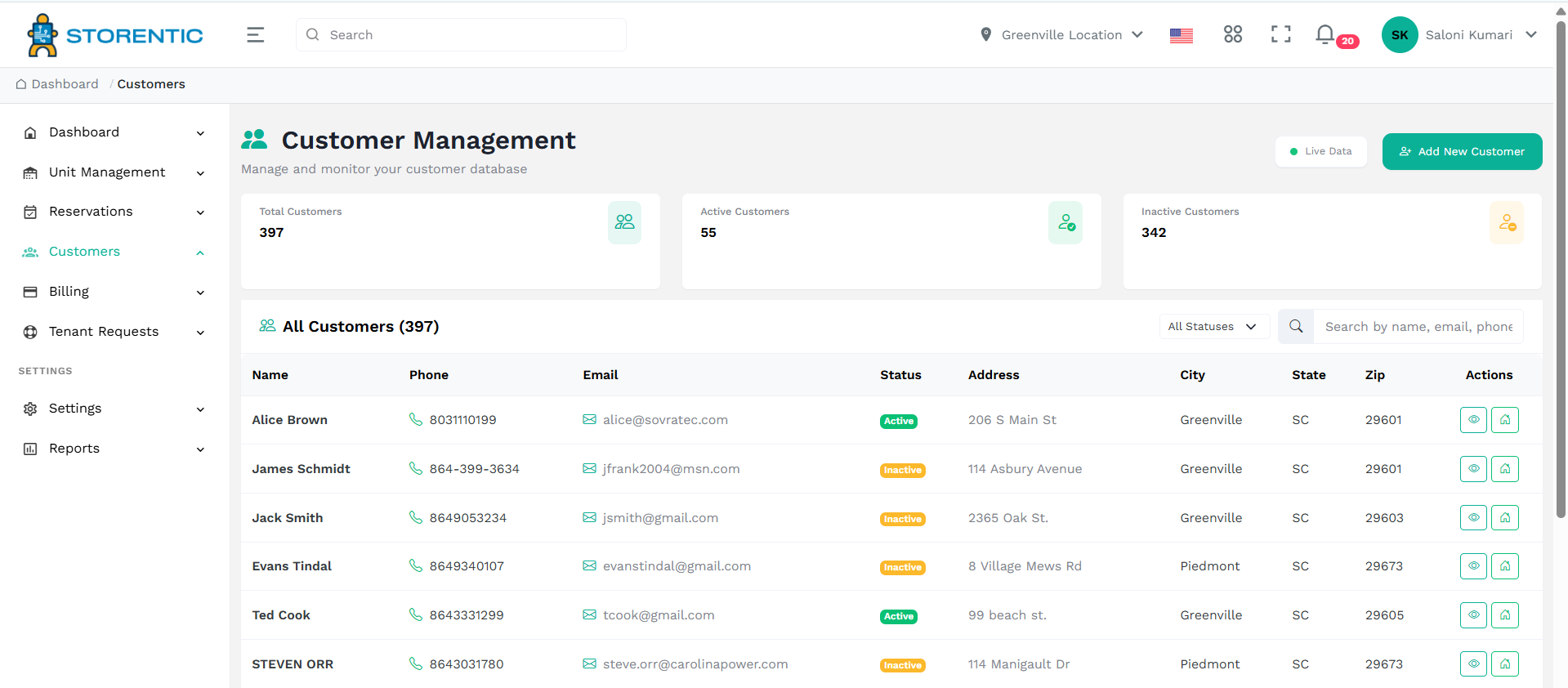 Customer management in Storentic Portal
