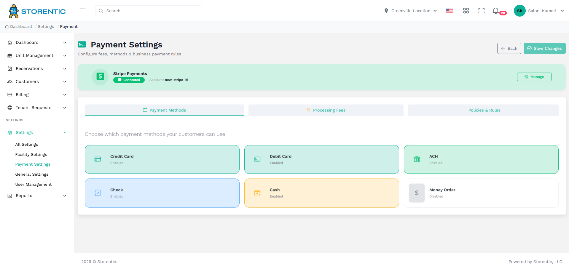 Payment settings in Storentic Portal