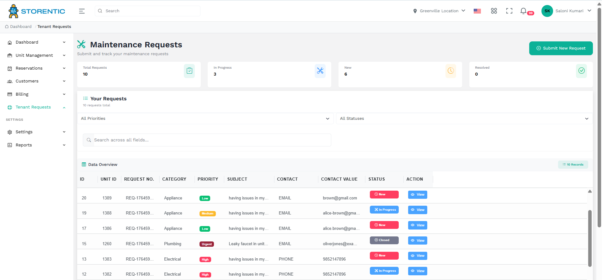 Customer requests overview in Storentic Portal