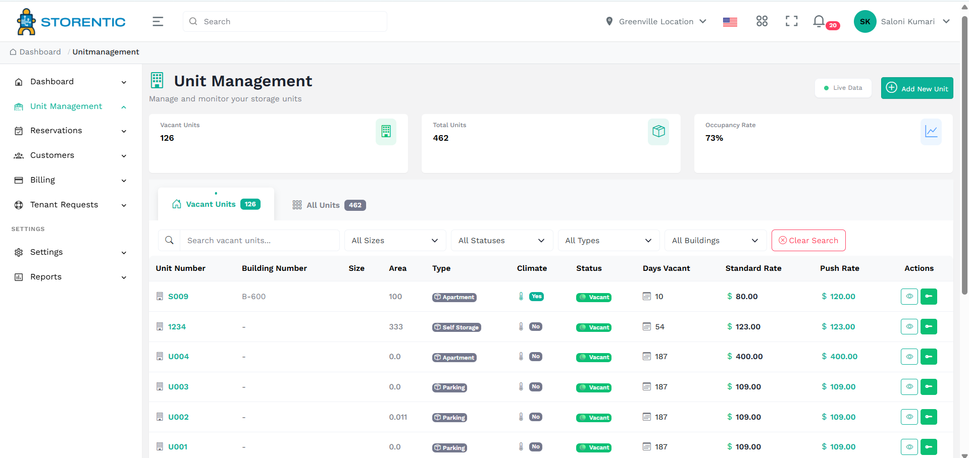 Vacant units view in Storentic Portal